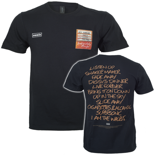 Black Oasis Definitely Maybe Setlist cotton T Shirt with front graphic and back lyric print.