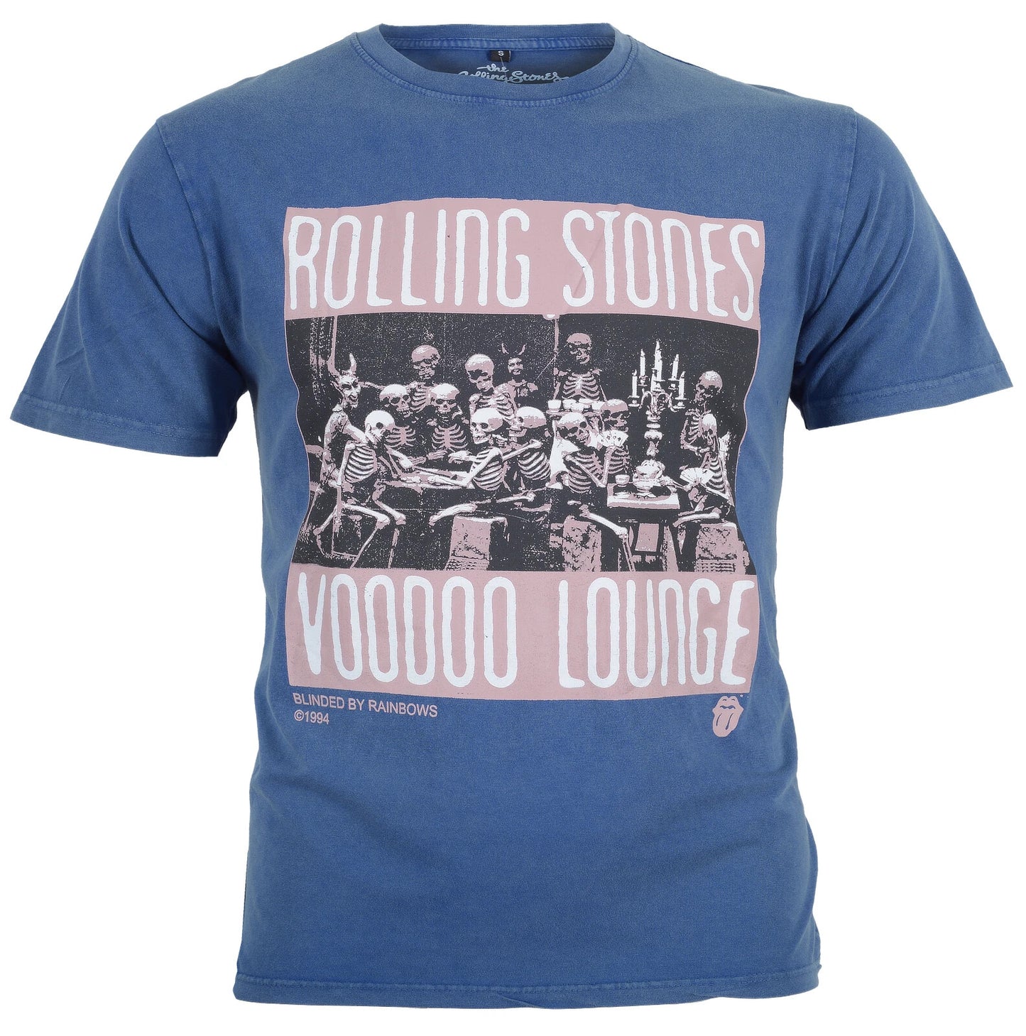 Official Rolling Stones Voodoo Lounge T Shirt in a blue stone wash design front print