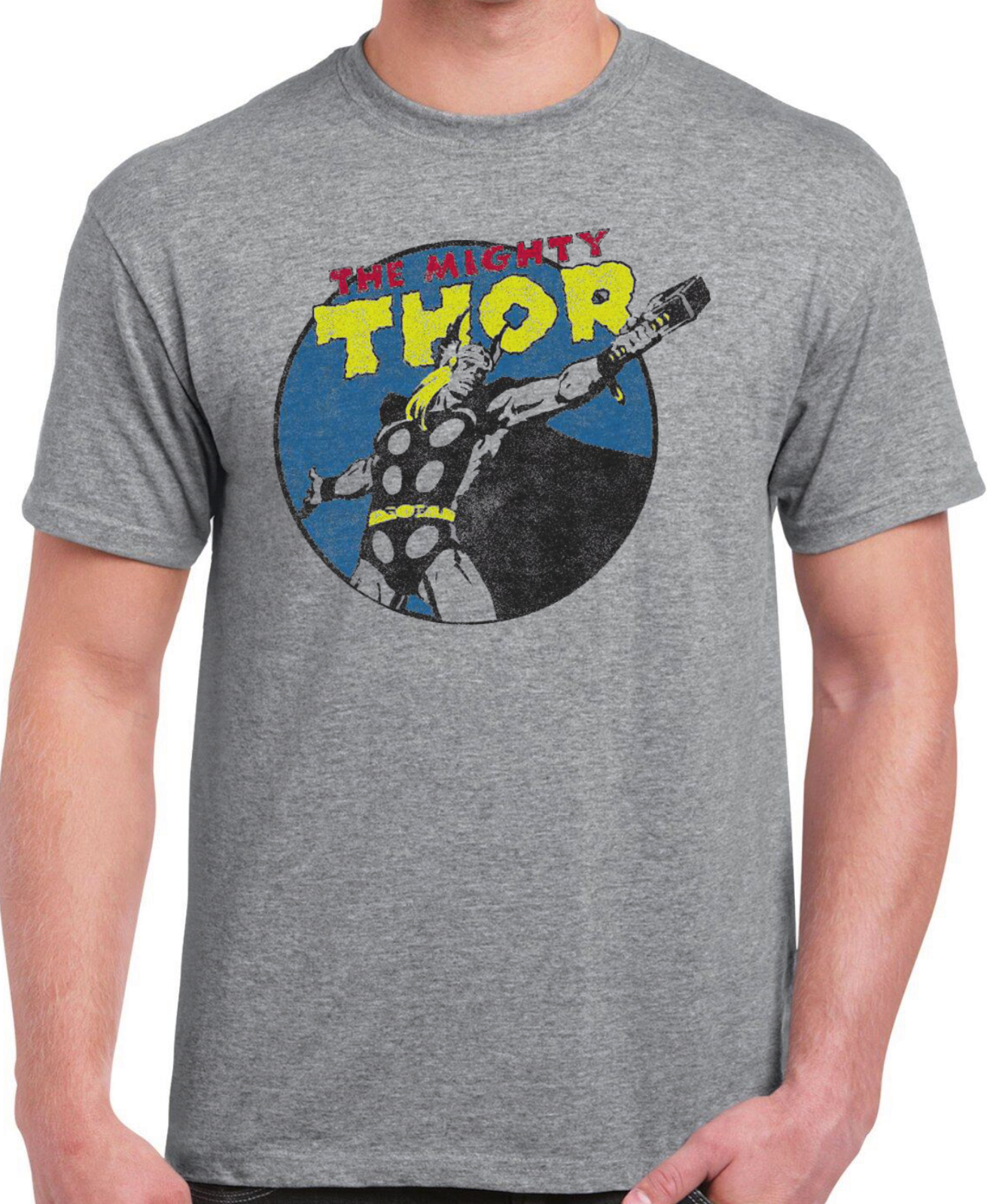 Gray t-shirt with official 'The Mighty Thor' graphic design on a white background