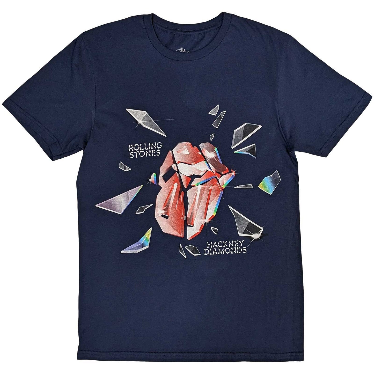 Official Rolling Stones Hackney Diamonds Explosion Blue T-Shirt — Mick Jagger Keith Richards Tongue Logo Shattered Glass Rock Off