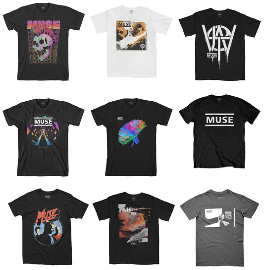 a picture of 9 official Muse t Shirts with assorted album cover graphic designs to the front