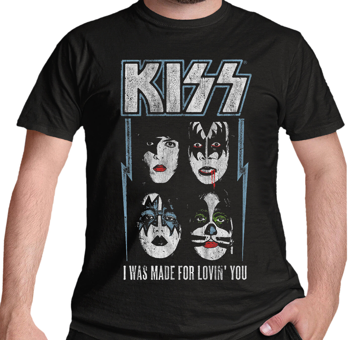 An official black Kiss logo t shirt with picture of the band members faces with I was made for lovin you text at the bottom on the front