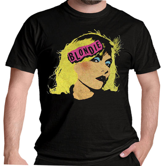 black blondie t shirt with band logo and a colourful graphic of debbie harry