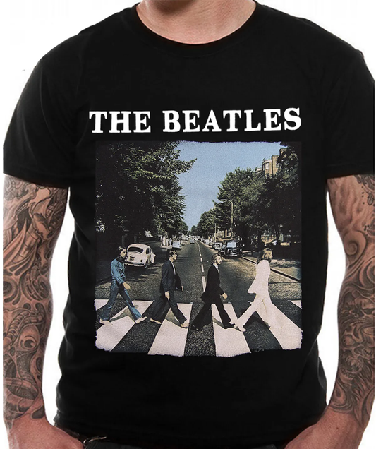 Black official Beatles t-shirt with The Beatles Abbey Road design on the front
