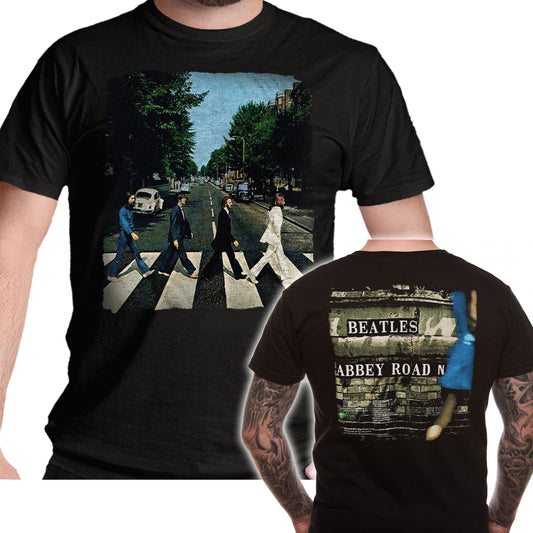 Beatles official black t shirt with a fornt image of the famous fab four crossing abbey road and on the back the abbey road signage and track titles from the album