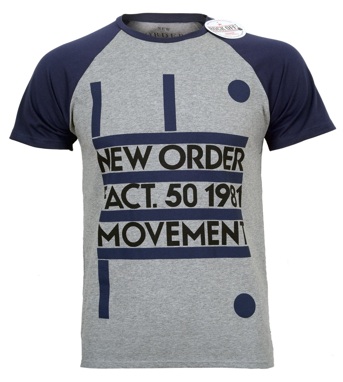 New Order Official Grey Raglan style t shirt with New Order Movement graphic on the front