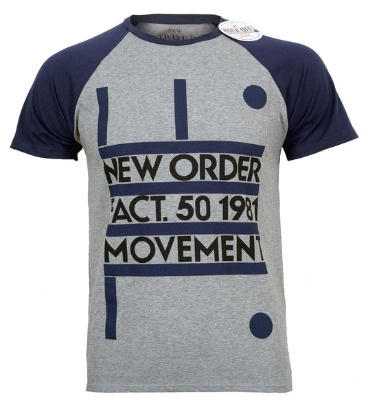 New Order Official Grey Raglan style t shirt with New Order Movement graphic on the front