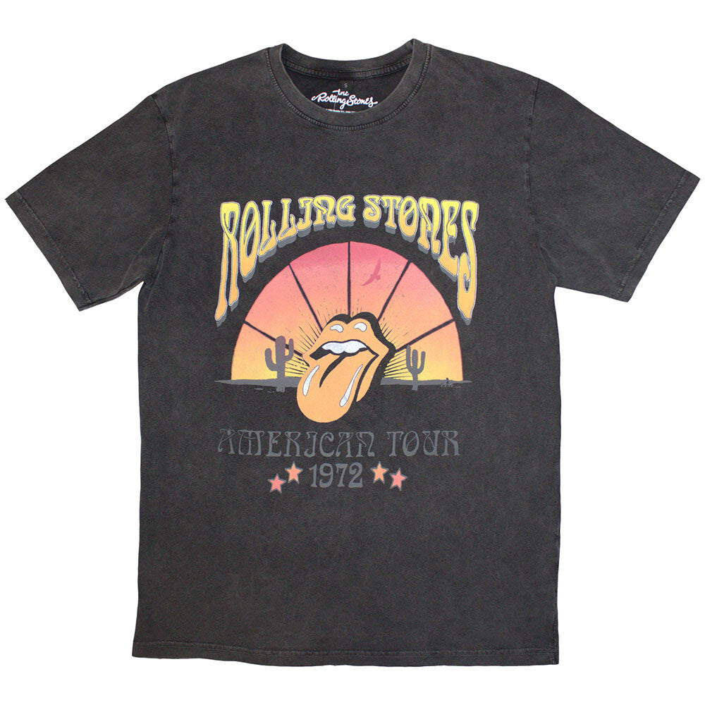 Grey Wash T Shirt Rolling Stones Official American Tour 1972 with sunset lick graphic to front