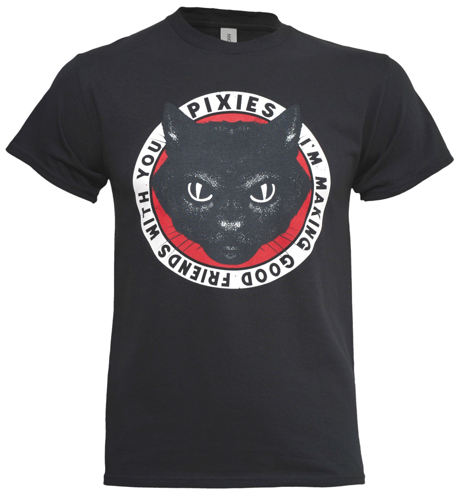 Black official Pixies T Shirt with an image of a cat on the front with I 'm making good friends with you text in a circle