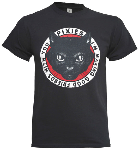 Black official Pixies T Shirt with an image of a cat on the front with I 'm making good friends with you text in a circle