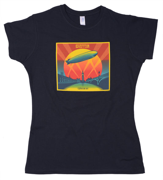 Black Led Zeppelin official ladies t shirt with celebration day graphic on front