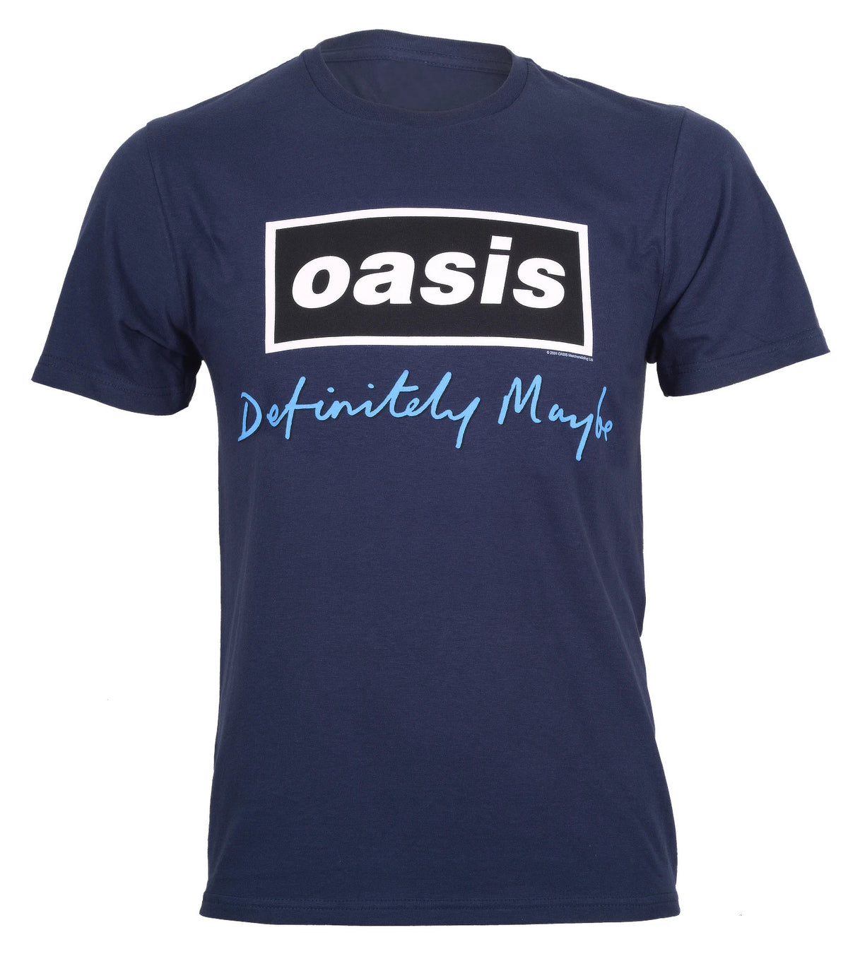Official Oasis Definitely Maybe Decca Logo blue T-shirt with white boxed Oasis logo and light blue Definitely Maybe script front print.