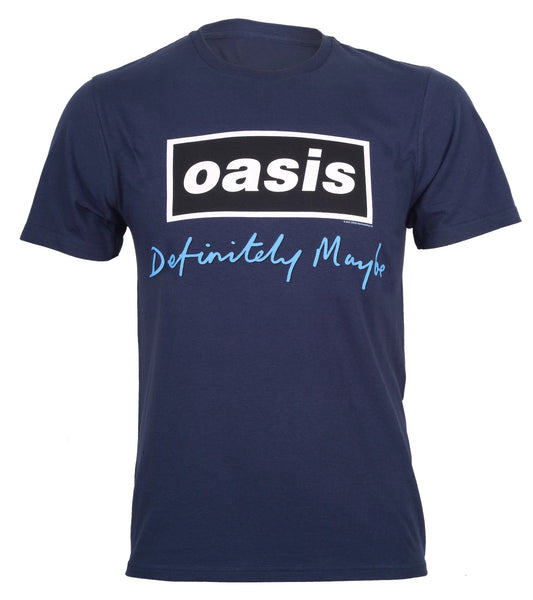 blue oasis t shirt official Definitely Maybe text with Oasis band logo on the front