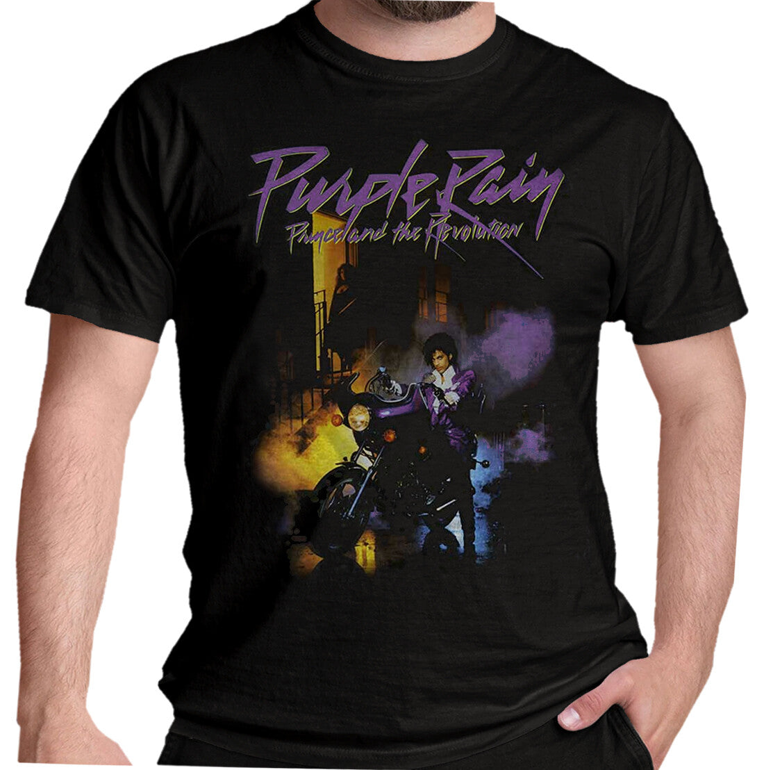 Black official Prince t-shirt with 'Purple Rain' graphic design featuring Prince and the Revolution.
