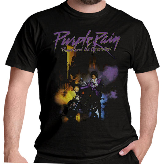 Black official Prince t-shirt with 'Purple Rain' graphic design featuring Prince and the Revolution.