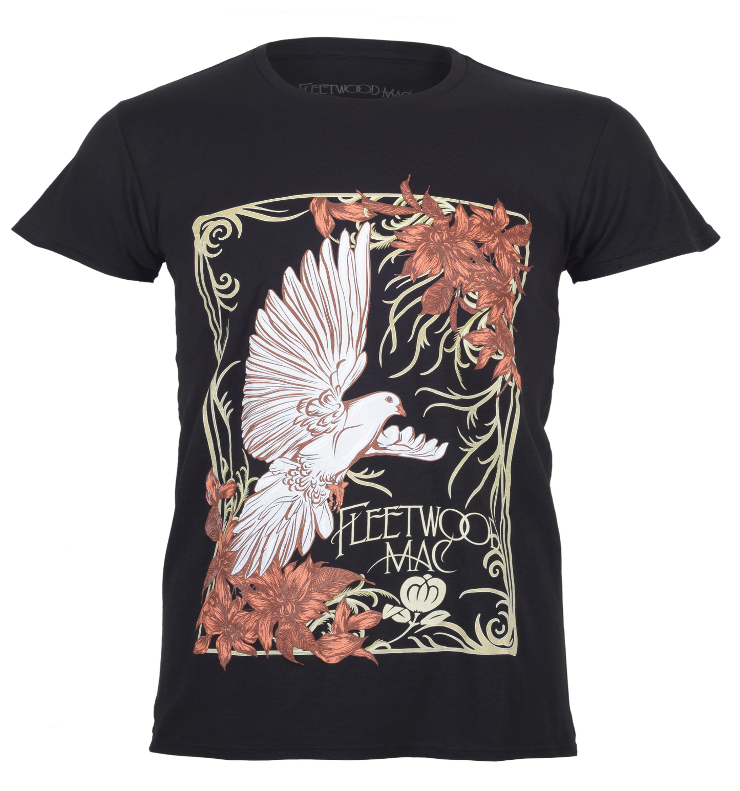 official fleetwood mac dove t shirt with floral and dove design on a black  background front print