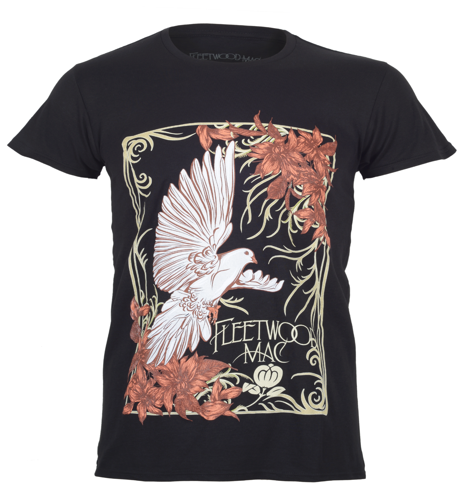 official fleetwood mac dove t shirt with floral and dove design on a black  background front print
