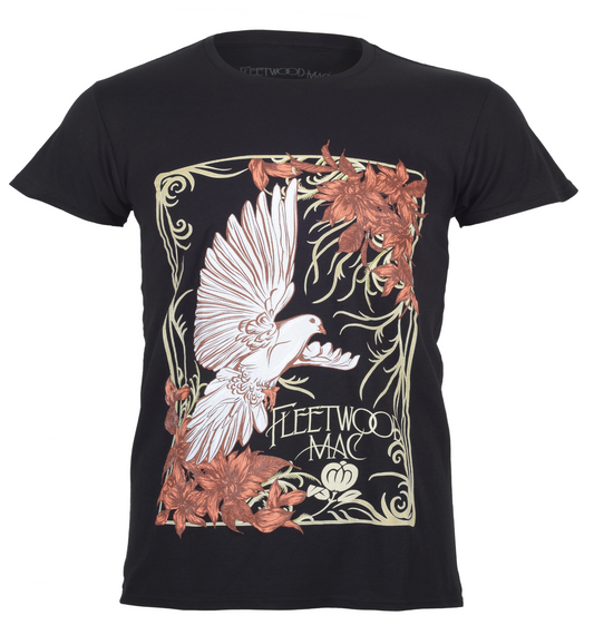 official fleetwood mac dove t shirt with floral and dove design on a black  background front print