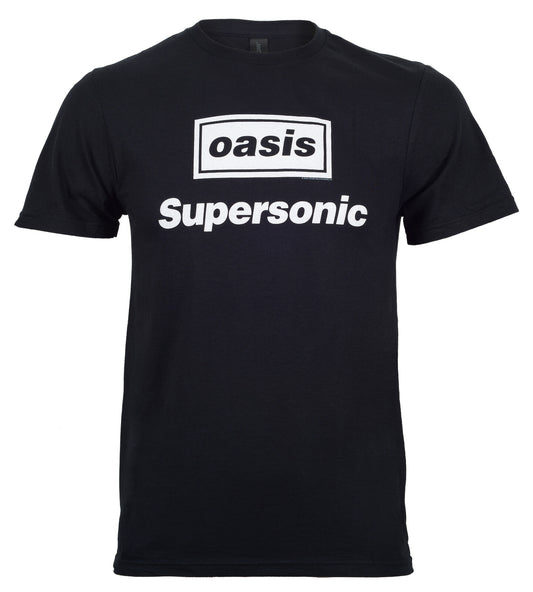 Black official Oasis t-shirt with 'oasis Supersonic' text on a white background