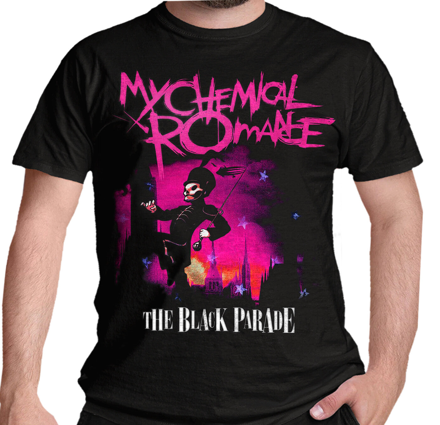 a black official my chemical romance t shirt featuring the black parade march artwork in pinkish purple on the front