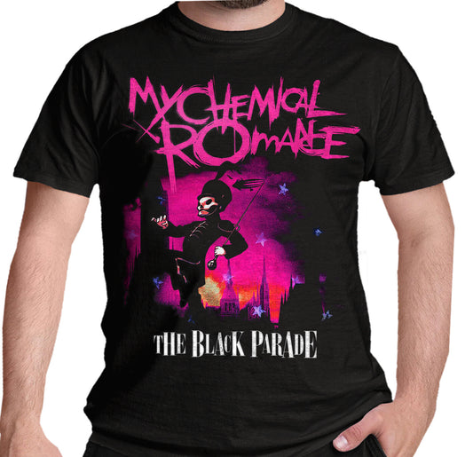 a black official my chemical romance t shirt featuring the black parade march artwork in pinkish purple on the front