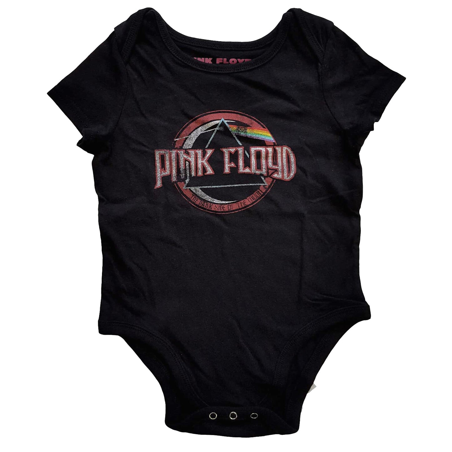 Official Pink Floyd Black baby onesie with Pink Floyd seal logo on a white background