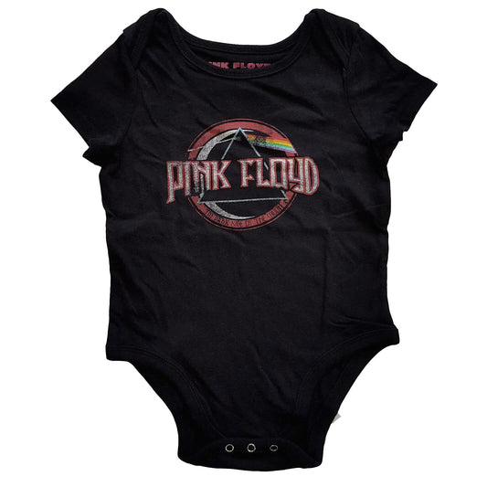 Official Pink Floyd Black baby onesie with Pink Floyd seal logo on a white background
