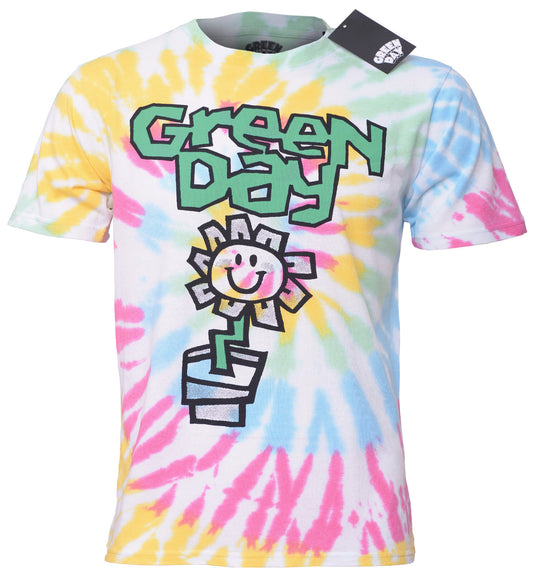 Official Green Day Flower Pot  Tie Dye T Shirt in White Cotton
