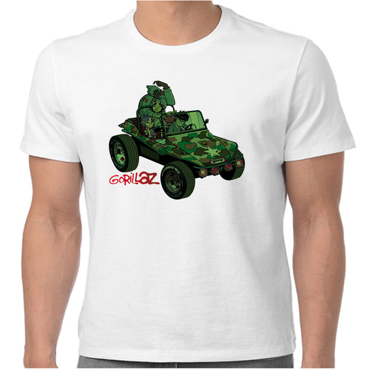 officially licensed t shirt in white with a green jeep and the gorillaz logo on the front
