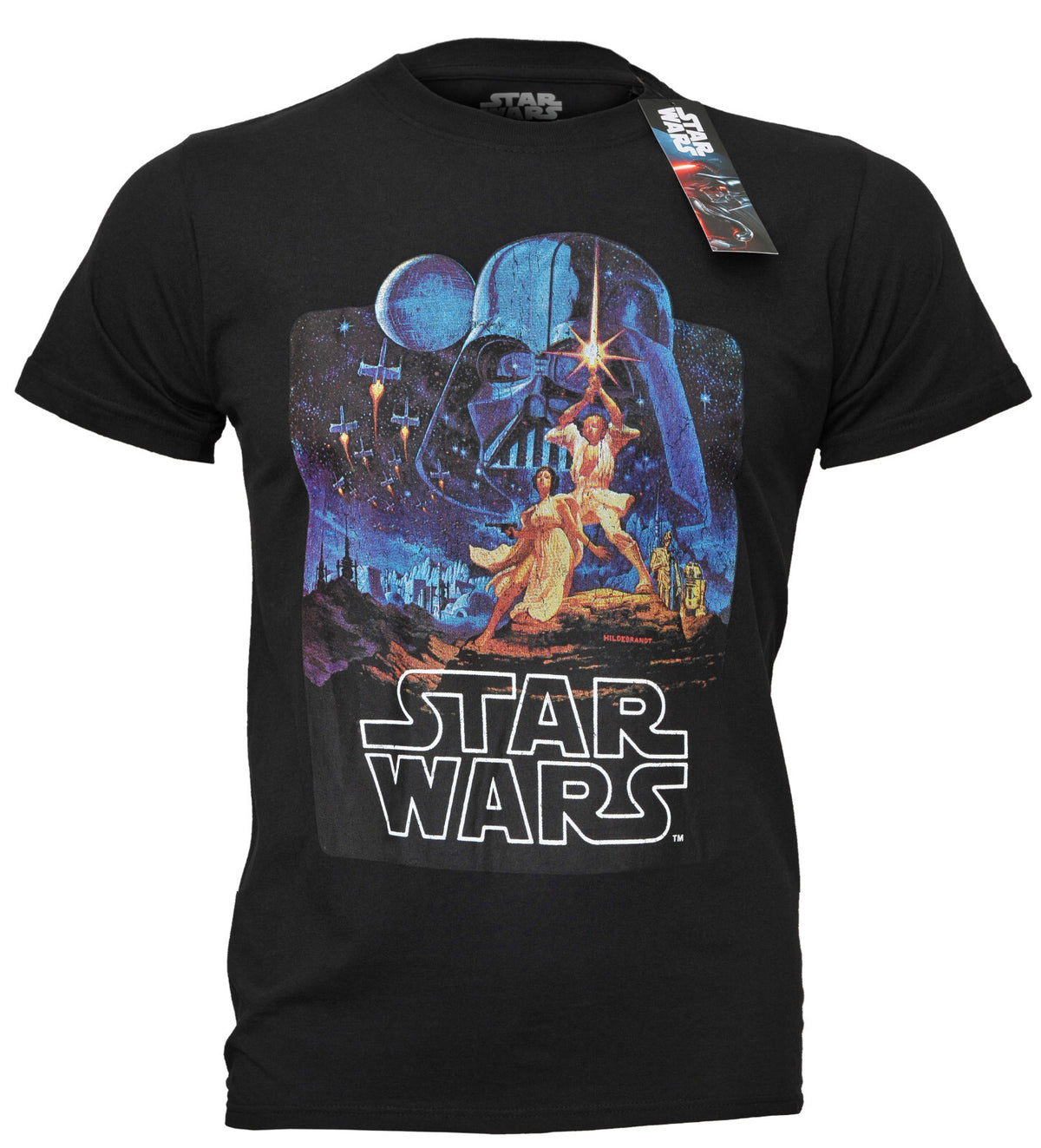 Black official star wars t shirt with a front print of the original star wars poster from 1977