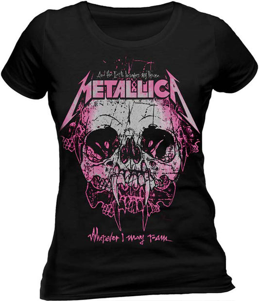 An official metallica ladies black t shirt with a wherever i may roam graphic on the front