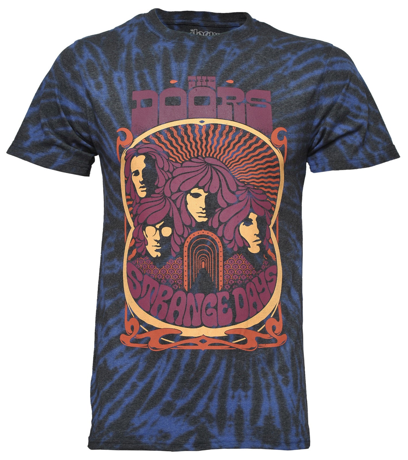 Tie-dye t-shirt with  official The Doors strange days graphic design on the front