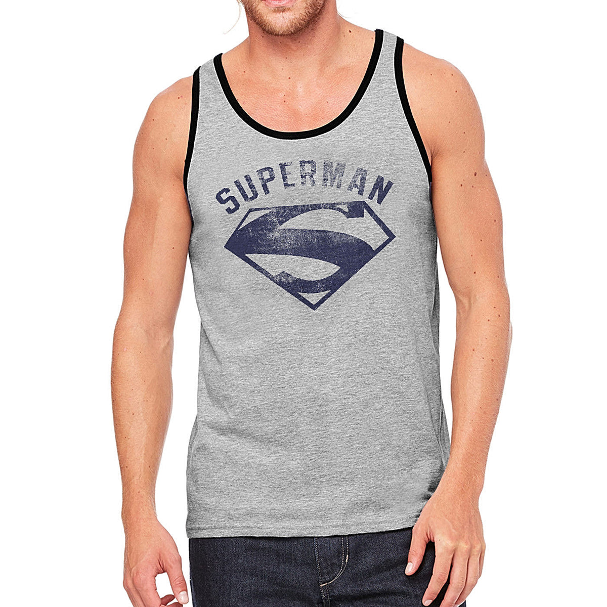 an official DC Comics licensed grey tank top with a blue grey vintage washed out look superman graphic print on the front