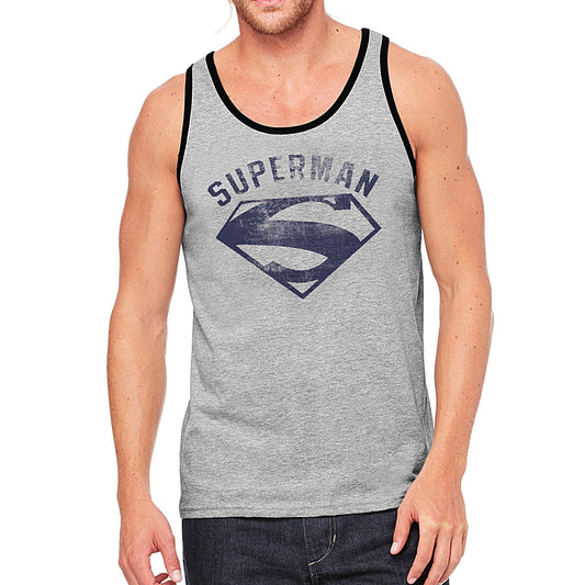 an official DC Comics licensed grey tank top with a blue grey vintage washed out look superman graphic print on the front