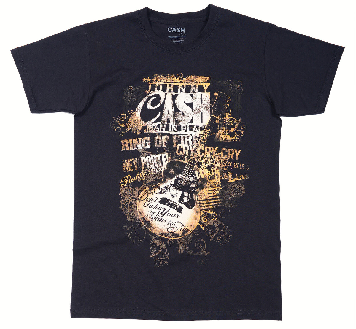 Cash Merch Johnny Cash Song Titles Guitar T-Shirt Black | Official Band Merch ...