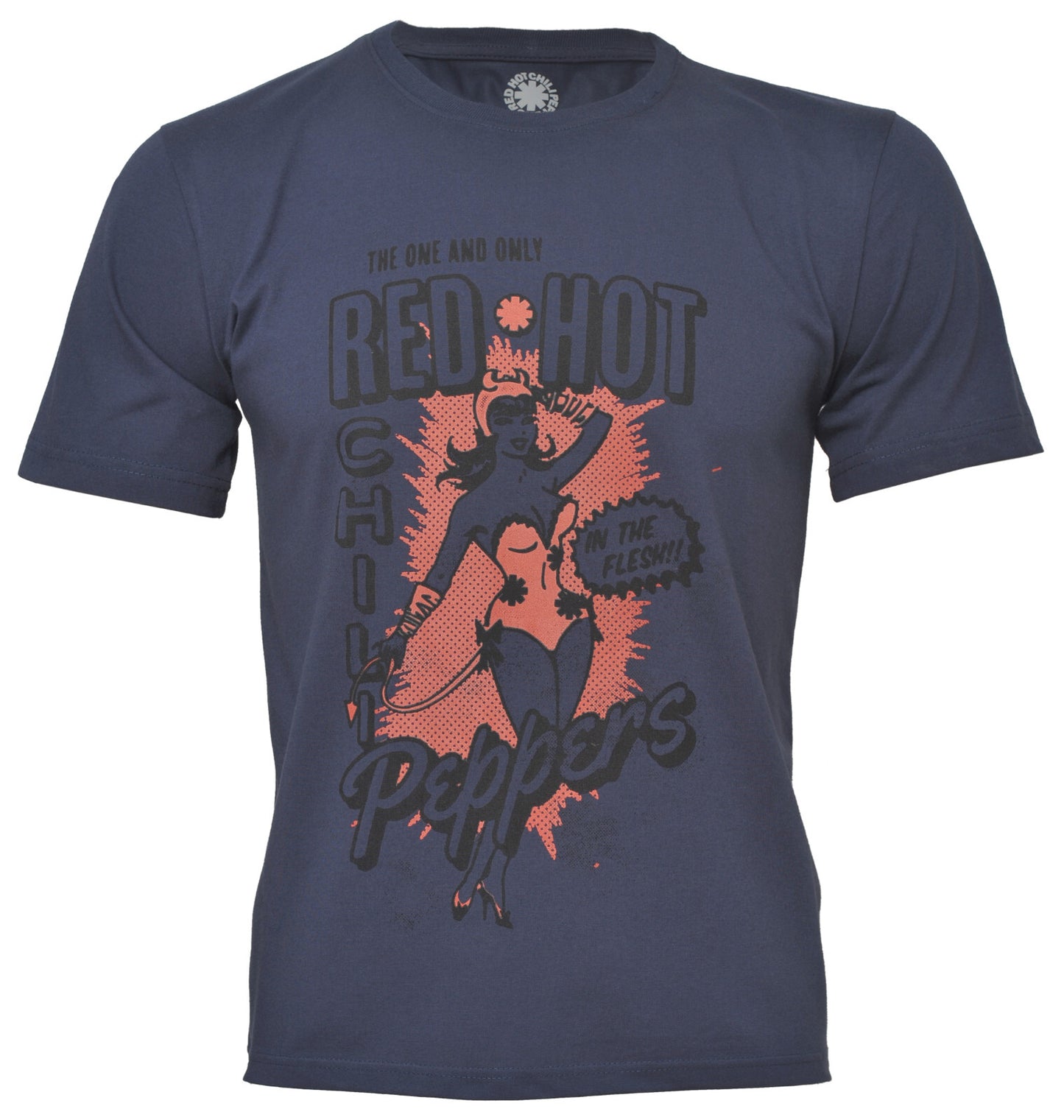 Official Blue Red Hot Chili Peppers T shirt with In The Flesh graphic with a Chorus Girl image on the front
