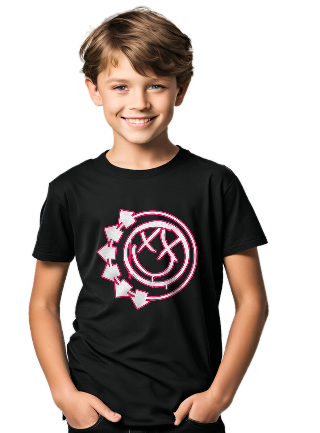 Child wearing a black Blink 182 t-shirt with a pink six arrow smile graphic design on the front