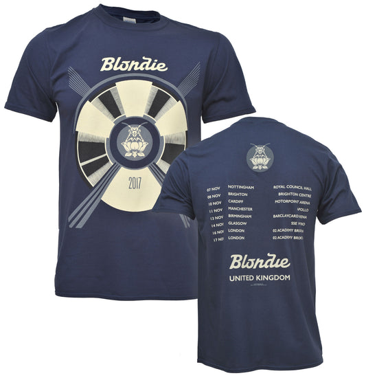 mens blue official Blondie Polinator ex tour t shirt with pollinator graphic on front and tour dates on the back