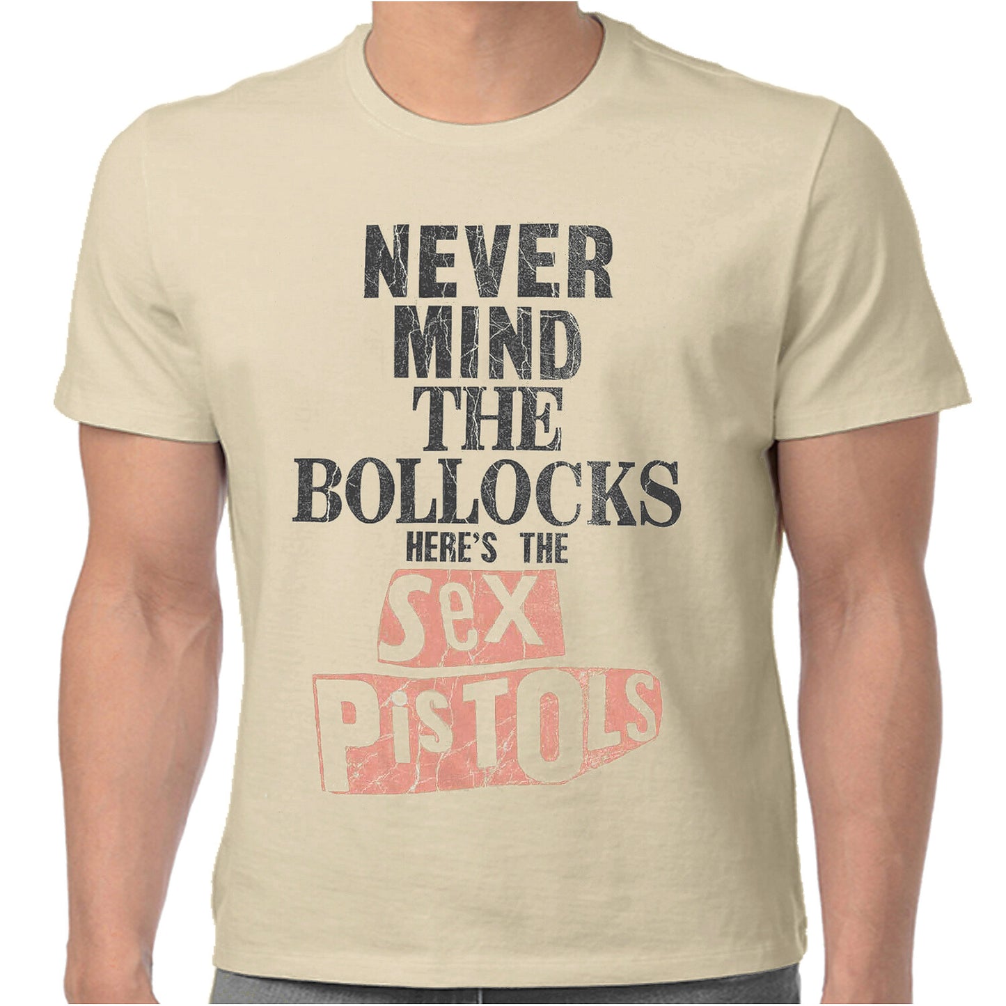 Officially licensed Sex Pistols T SHirt in Beige with Never Mind The Bollocks Text Here's The Sex Pistols Text on the front in a vintage style finish