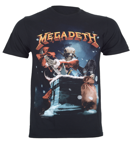 official megadeth christmas t shirt with vic rattlehead dressed as santa stuffing presents down the chimney graphic print on the front