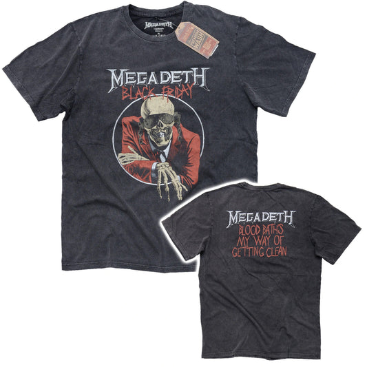 Black t-shirt with Megadeth graphic design on a white background