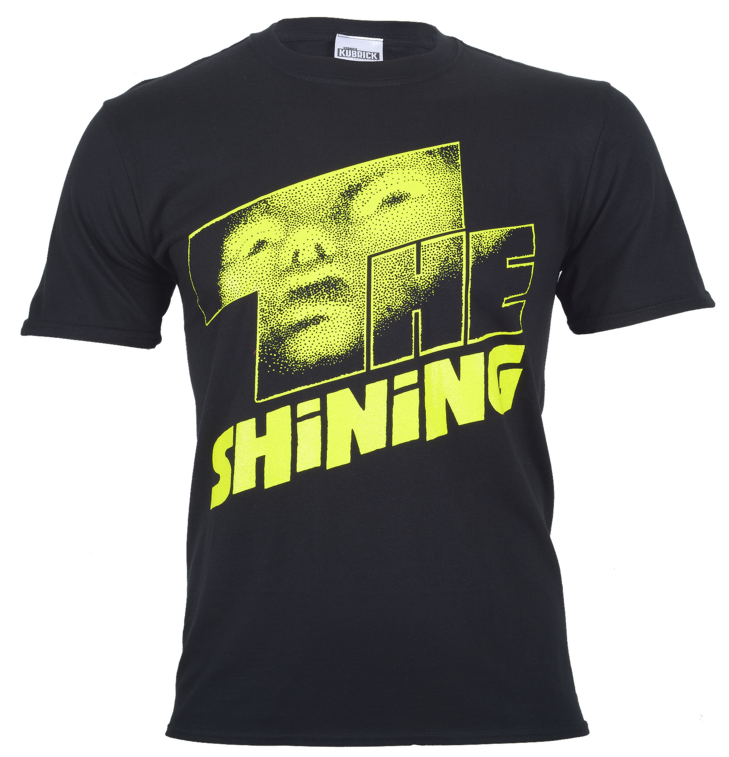 Official Stanley Kubrick Movie The Shining Yellow Logo on front of a black cotton t shirt 