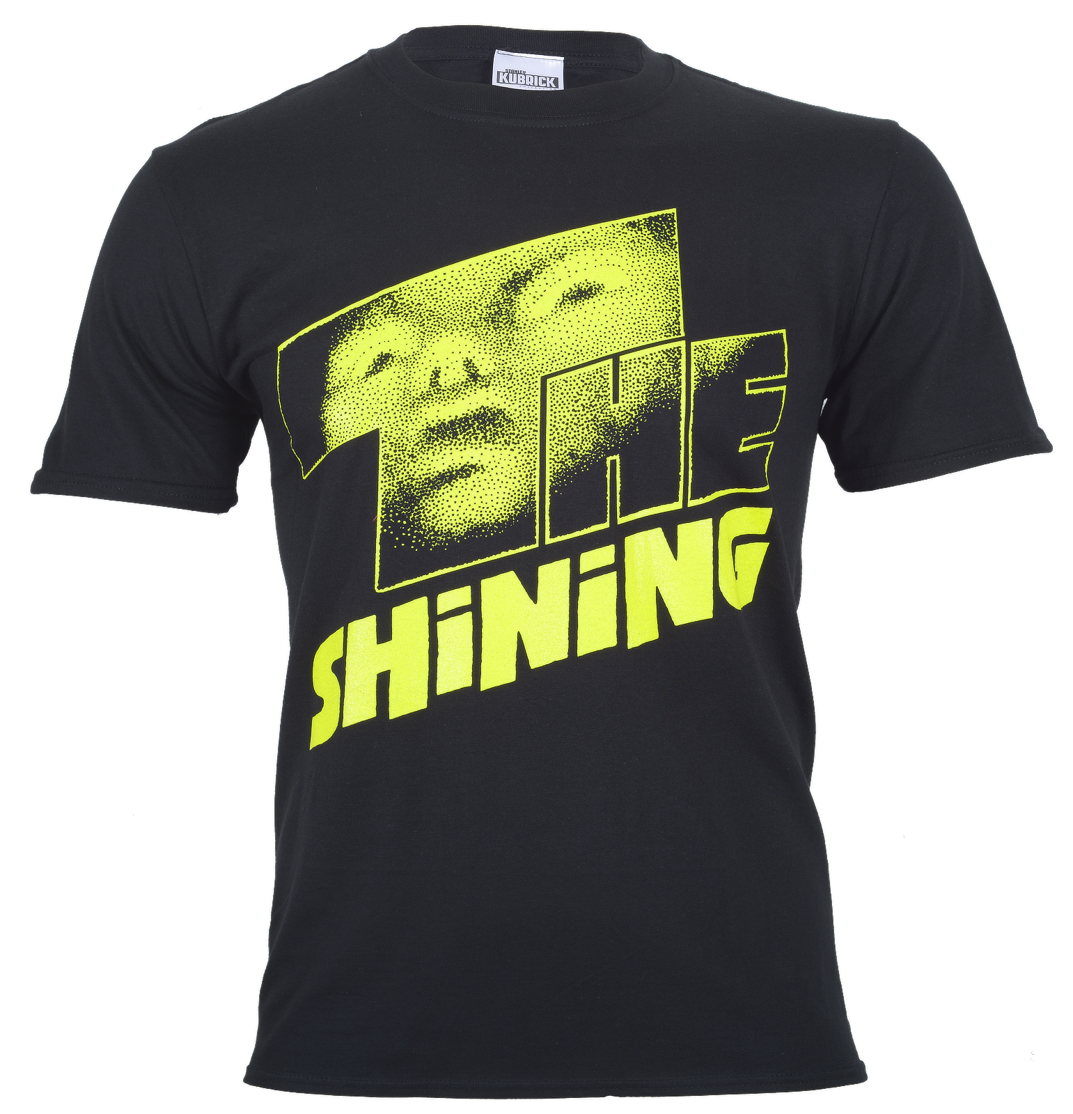 Official Stanley Kubrick Movie The Shining Yellow Logo on front of a black cotton t shirt 