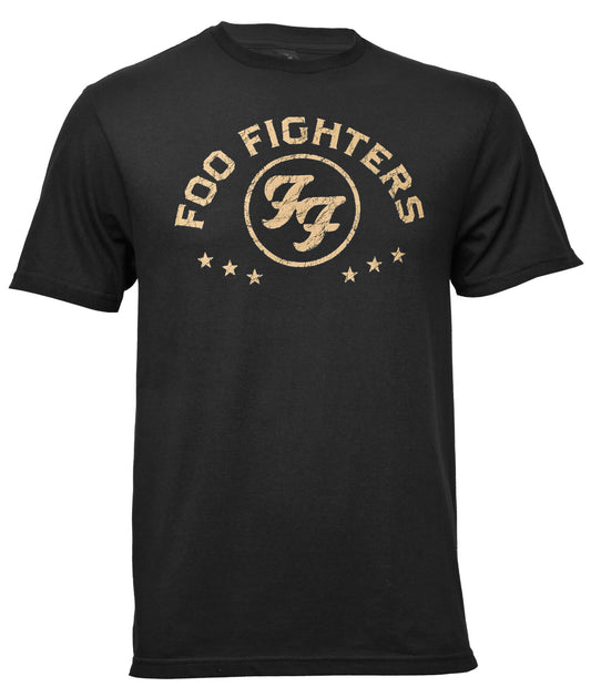 Black official Foo Fighters t-shirt with Foo Fighters logo on the front in bronze colour type