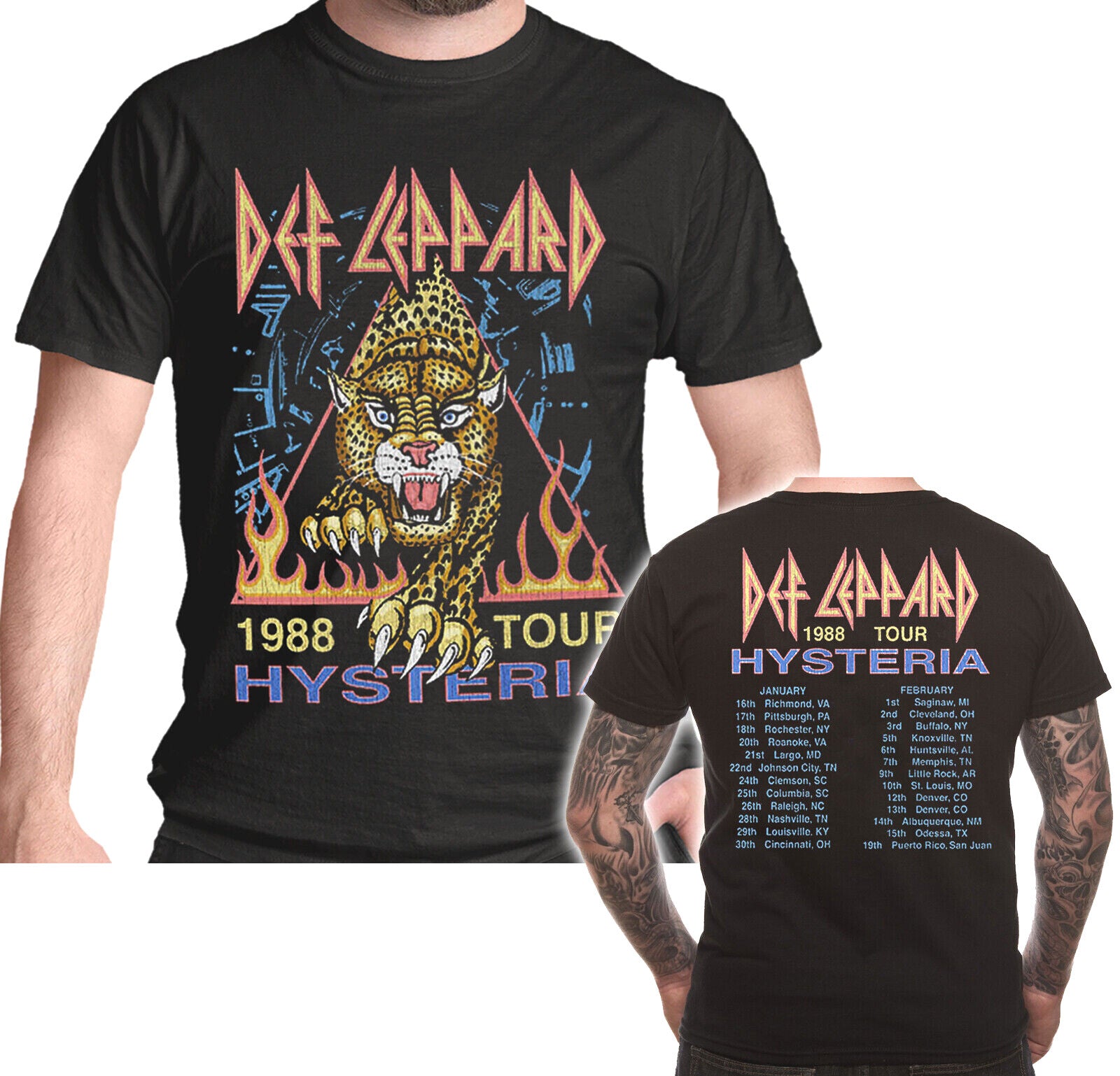 Officially licensed Def Leppard Hysteria 1988 Tour T shirt in black cotton with a front and back print