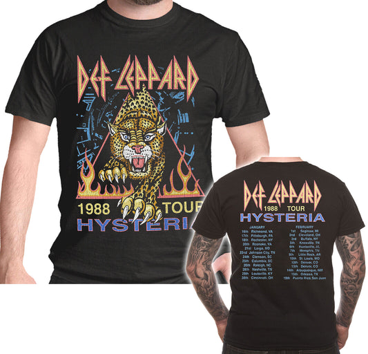 Officially licensed Def Leppard Hysteria 1988 Tour T shirt in black cotton with a front and back print