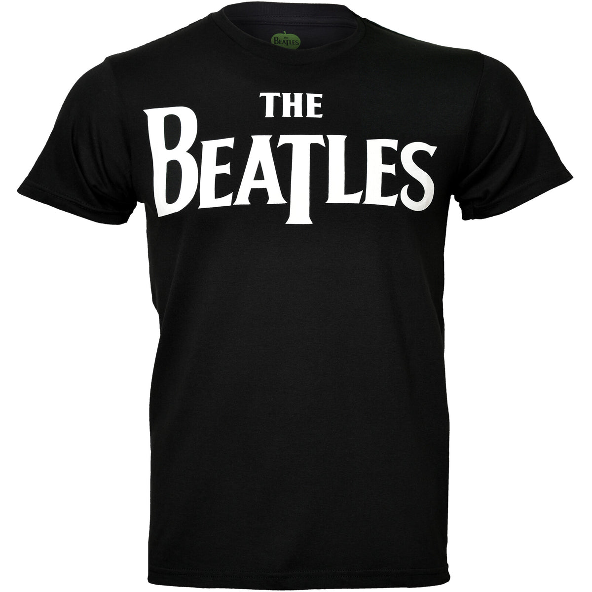 an official Beatles t shirt in black with the classic drop t band logo on the front 