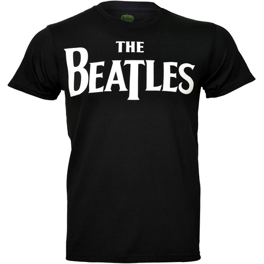 an official Beatles t shirt in black with the classic drop t band logo on the front 