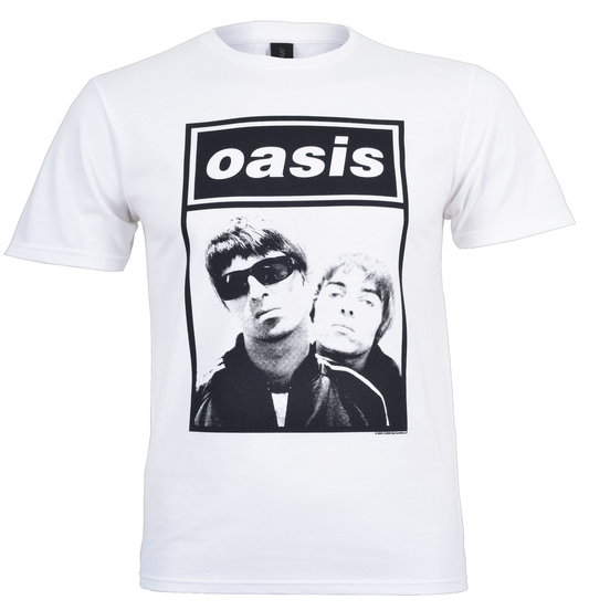 White Oasis T Shirt with Large Oasis logo on the front above the iconic Paul Slattery photo of the 2 Gallagher brothers.