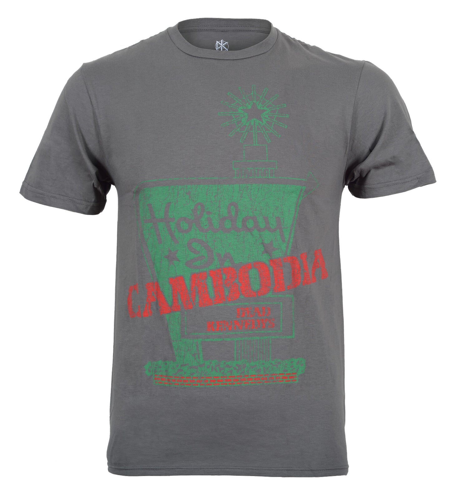 Official Dead Kennedys Grey t-shirt with green and red Holiday in Cambodia graphic design on a white background